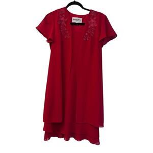Another Thyme Size 4P Petite Red Embroidered Chiffon Overlay Midi Dress NWT